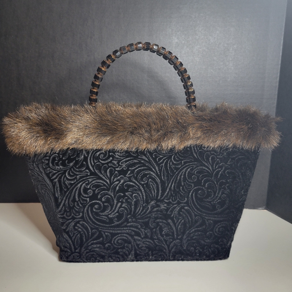 Lainey Giffen Velvet Faux Fur Silk Lined Beaded Double Handle Handbag Purse 15x9